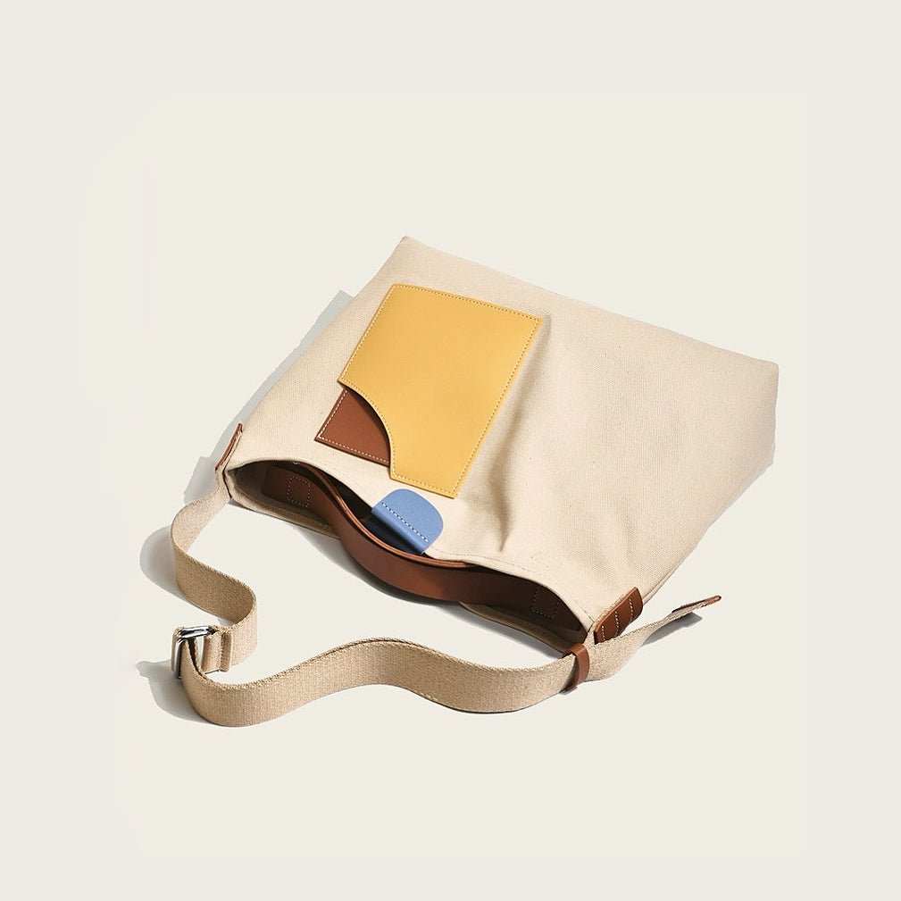 Women's Color Block Canvas Tote Bag PU Leather Pocket
