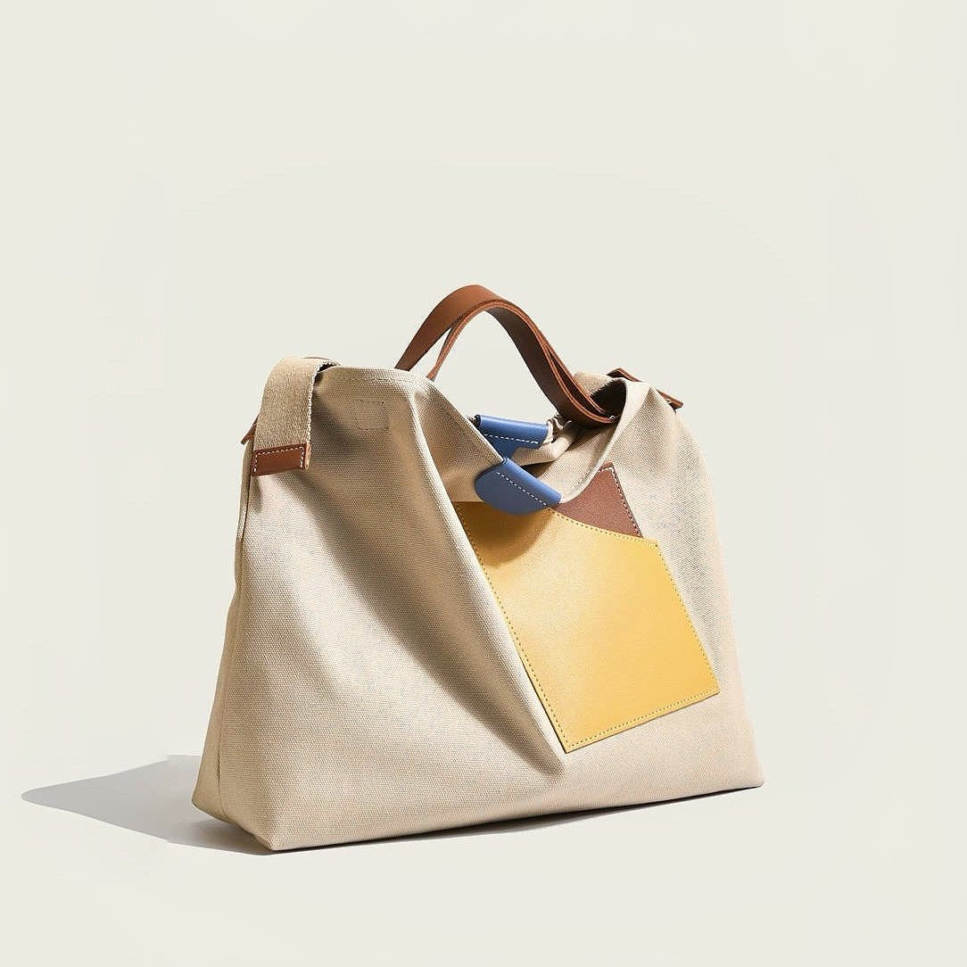 Women's Color Block Canvas Tote Bag PU Leather Pocket