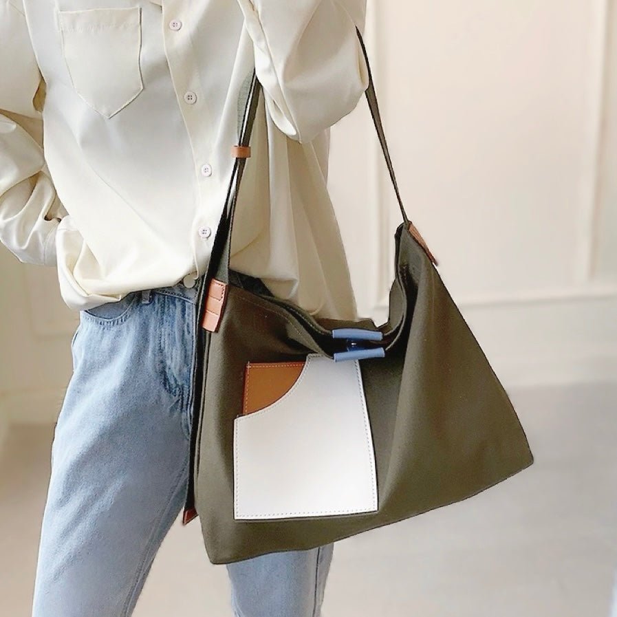 Women's Color Block Canvas Tote Bag PU Leather Pocket
