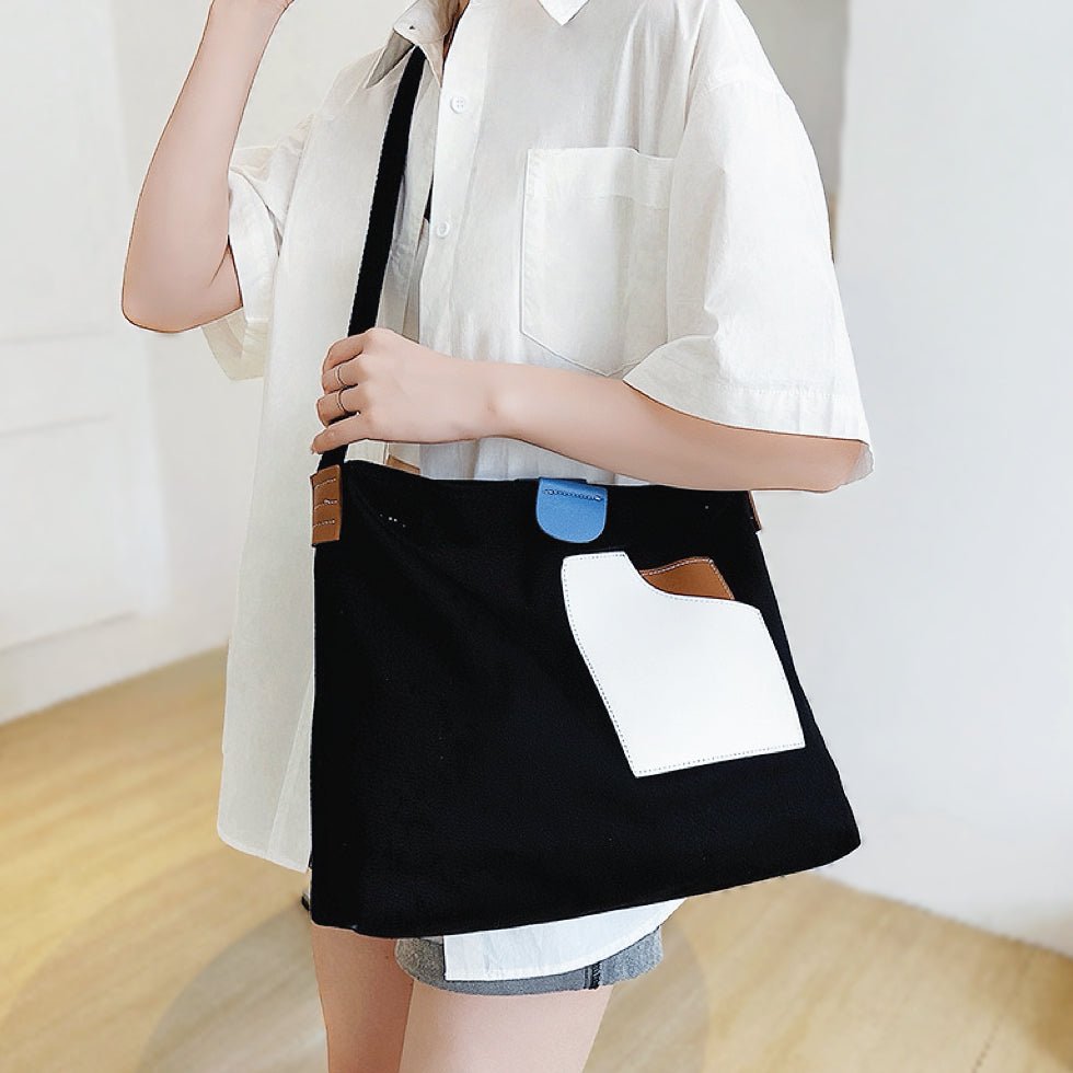 Women's Color Block Canvas Tote Bag PU Leather Pocket