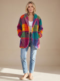 Women's Bold Check Fleece Coat with Wide Lapels - Rainbow