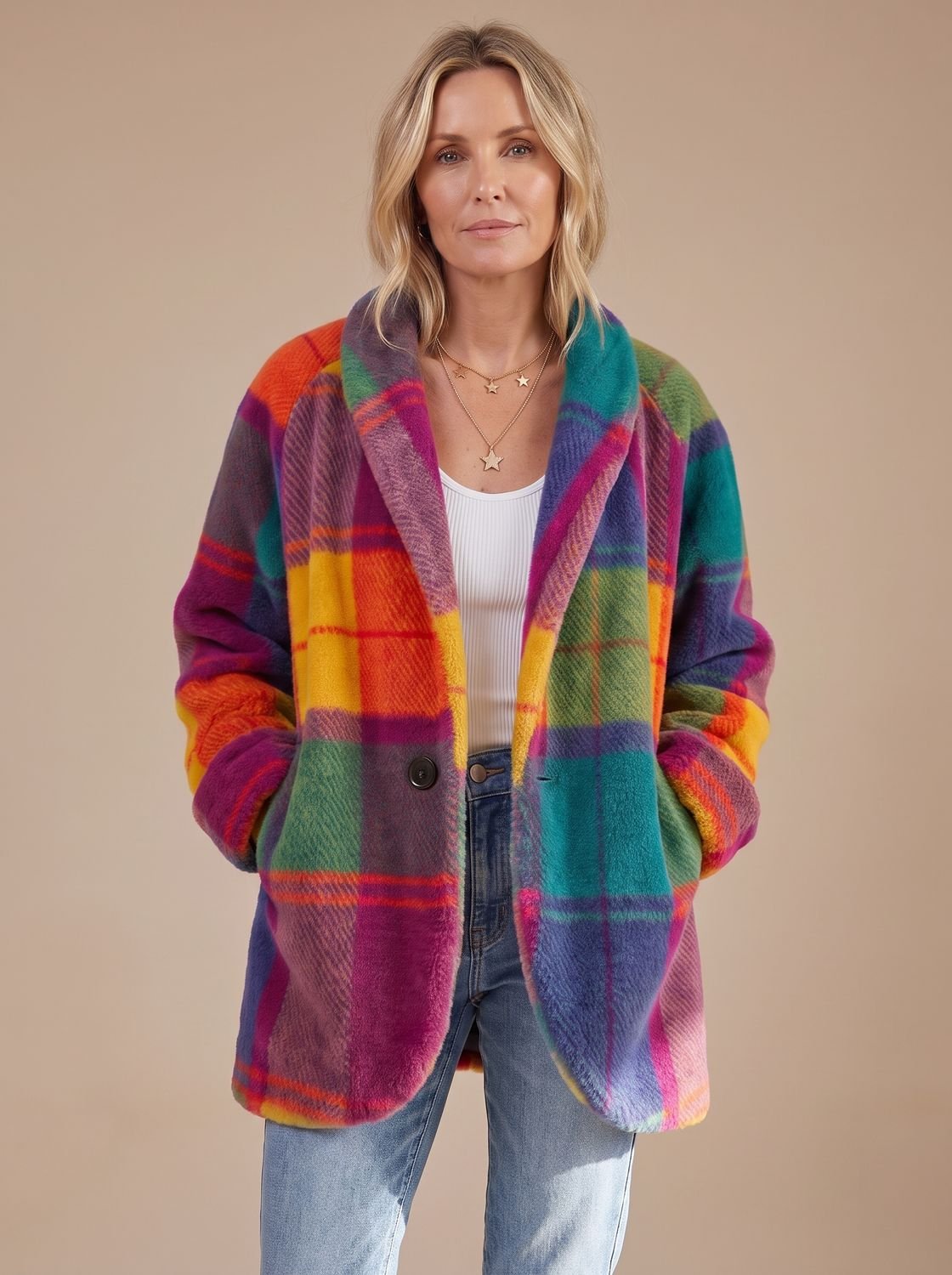 Women's Bold Check Fleece Coat with Wide Lapels - Sun