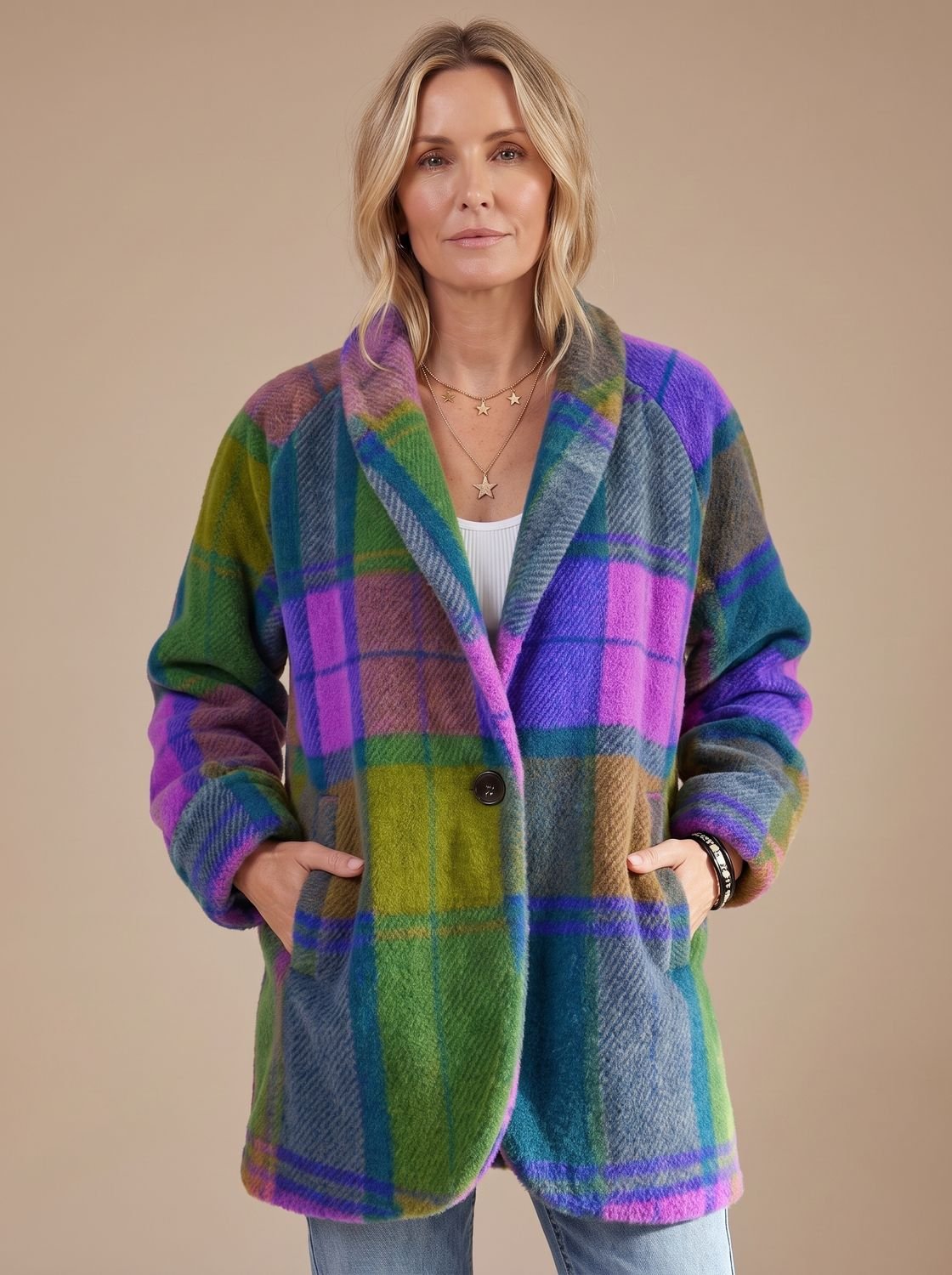 Women's Bold Check Fleece Coat with Wide Lapels - Neptune