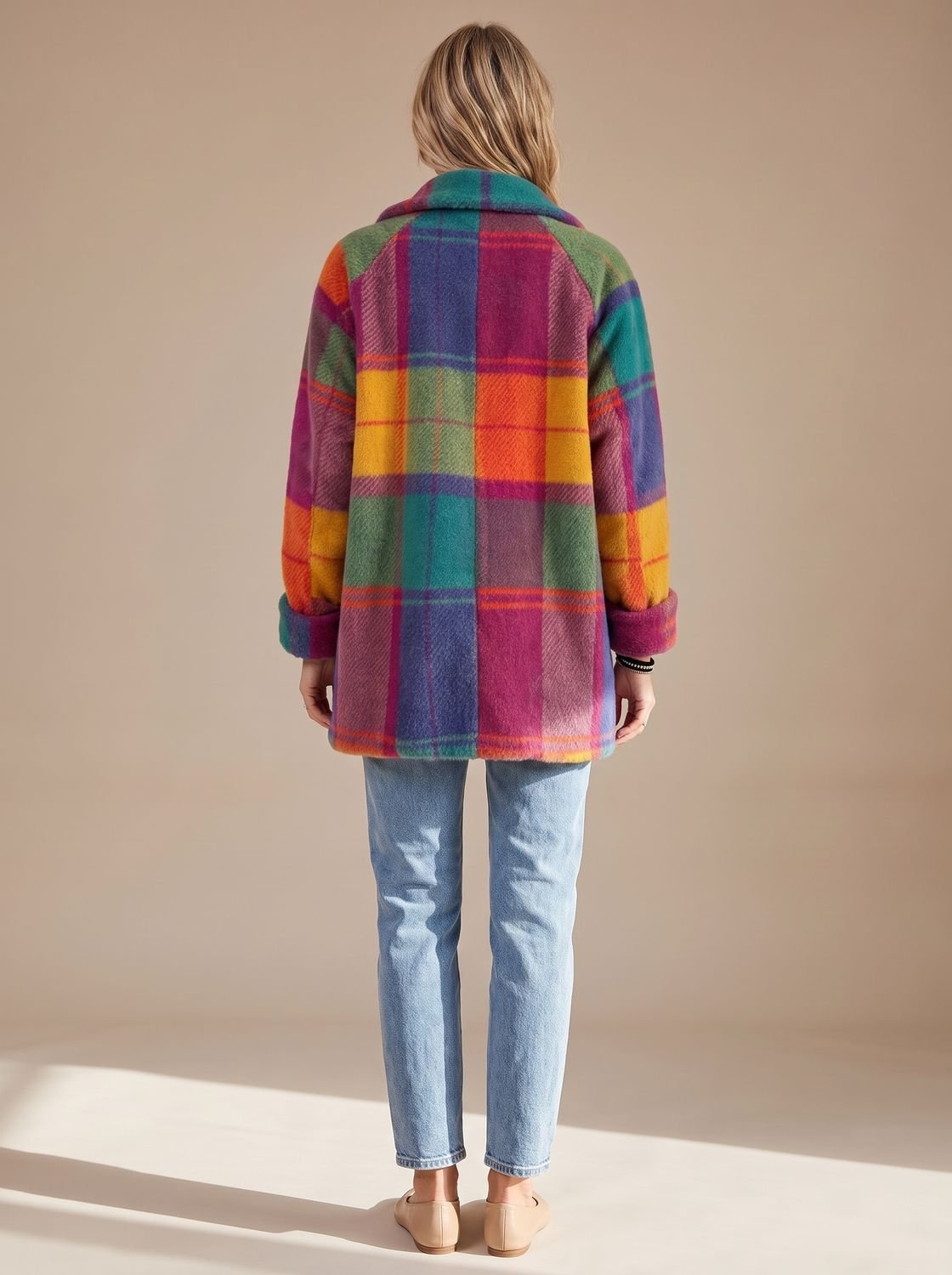 Women's Bold Check Fleece Coat with Wide Lapels