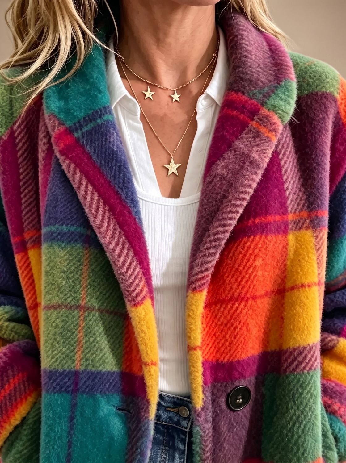 Women's Bold Check Fleece Coat with Wide Lapels