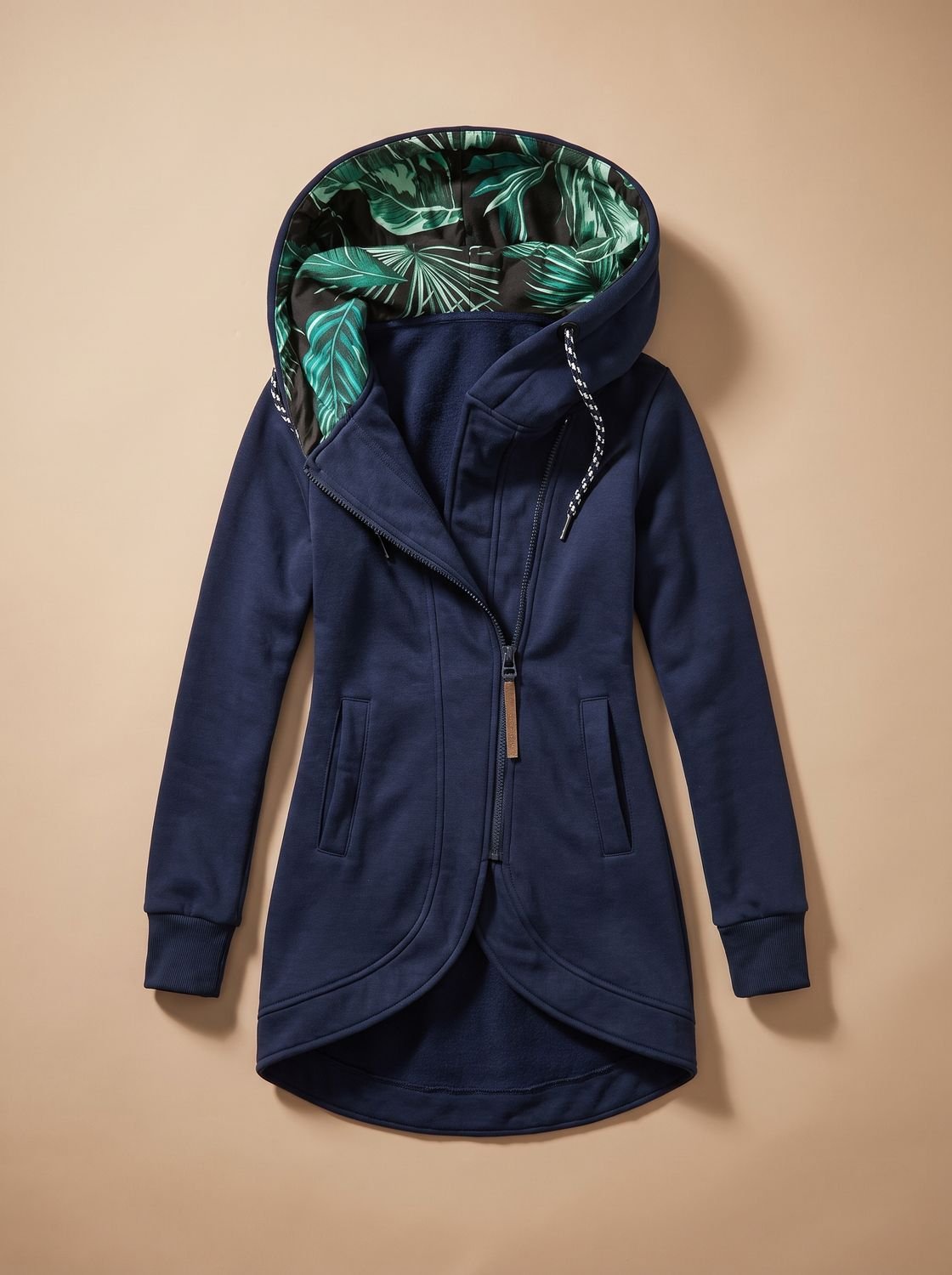 Women's Longline Drawstring Hoodie Jacket with Print-Lined Hood - Navy Blue