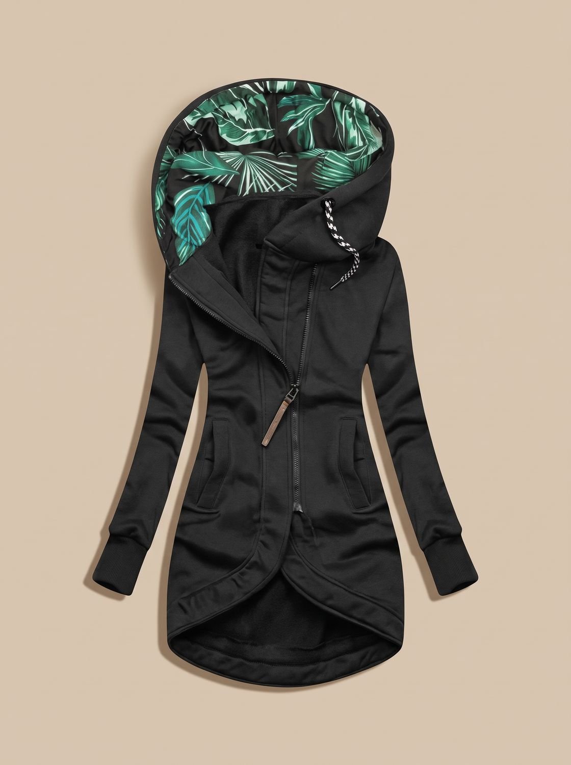 Women's Longline Drawstring Hoodie Jacket with Print-Lined Hood - Black