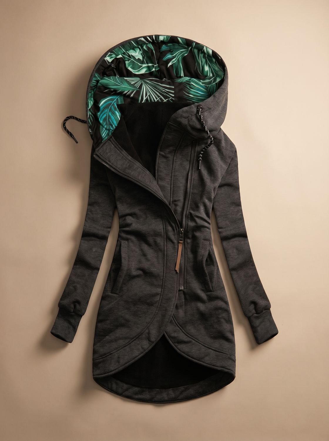 Women's Longline Drawstring Hoodie Jacket with Print-Lined Hood - Gray