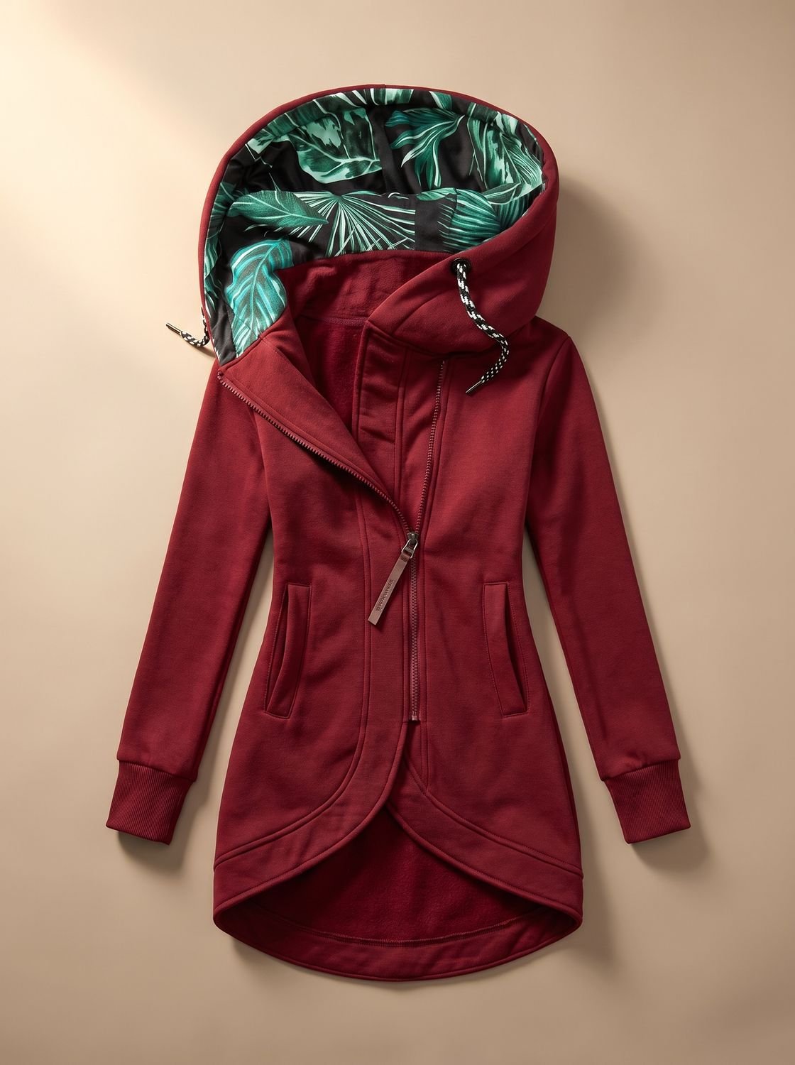 Women's Longline Drawstring Hoodie Jacket with Print-Lined Hood - Burgundy
