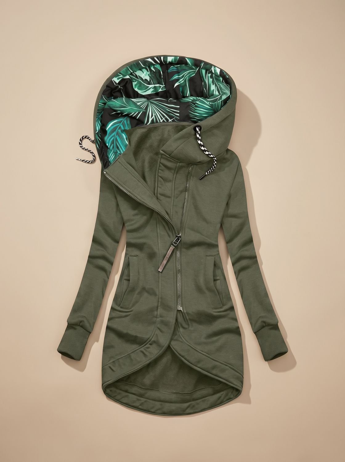 Women's Longline Drawstring Hoodie Jacket with Print-Lined Hood - Olive Green