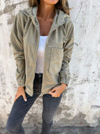 Women's Corduroy Hooded Zip-Up Quilted Jacket Oversized Fit