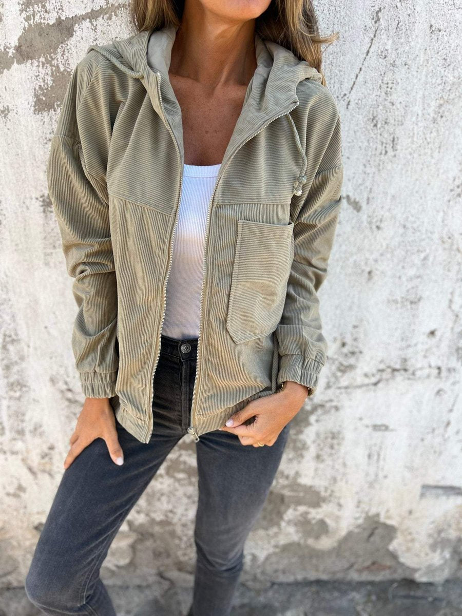 Women's Corduroy Hooded Zip-Up Quilted Jacket Oversized Fit
