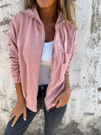 Women's Corduroy Hooded Zip-Up Quilted Jacket Oversized Fit