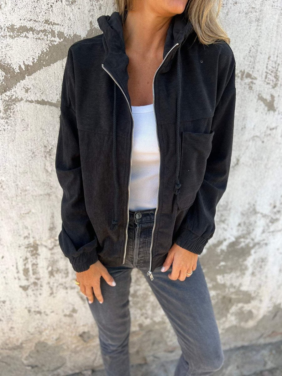 Women's Corduroy Hooded Zip-Up Quilted Jacket Oversized Fit