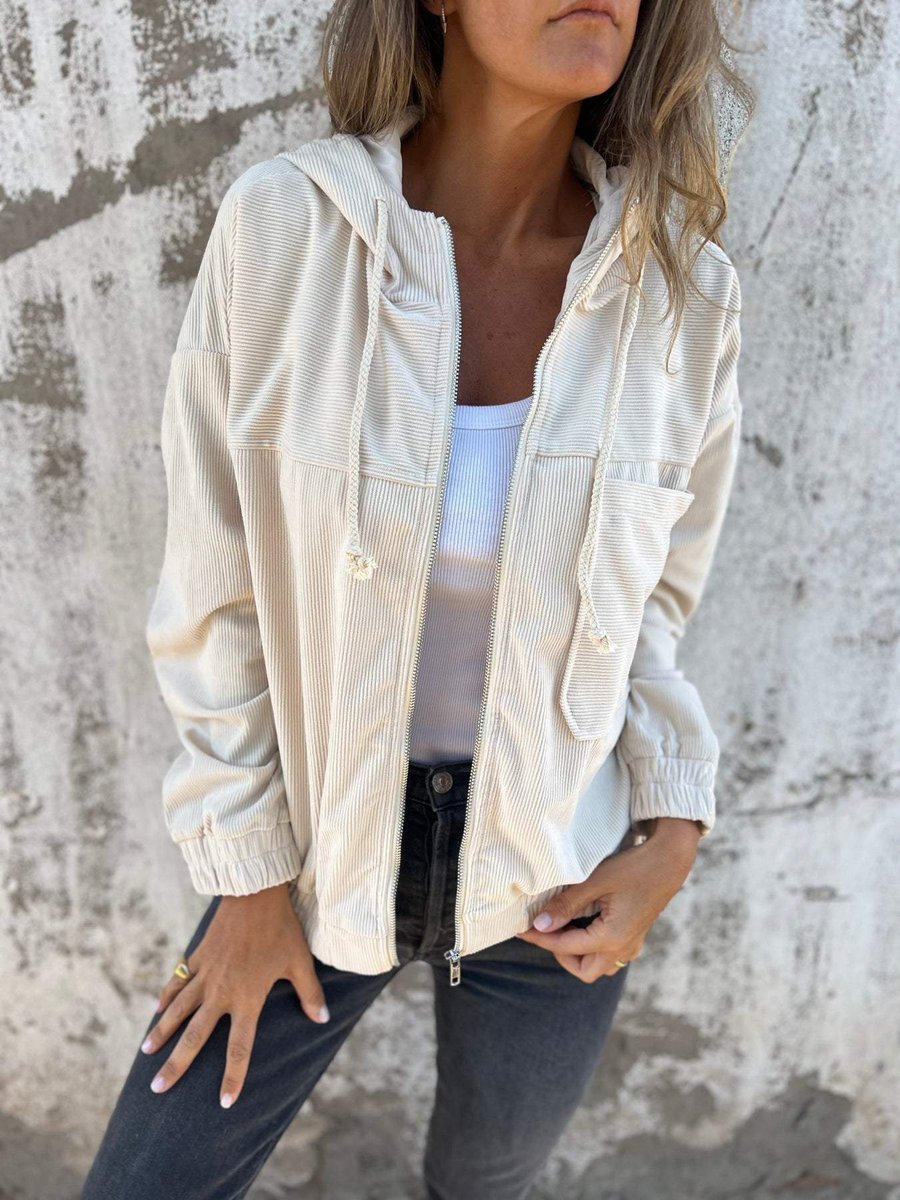 Women's Corduroy Hooded Zip-Up Quilted Jacket Oversized Fit