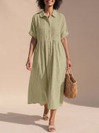 Women's Cotton Button-Front Collared Midi Shirt Dress