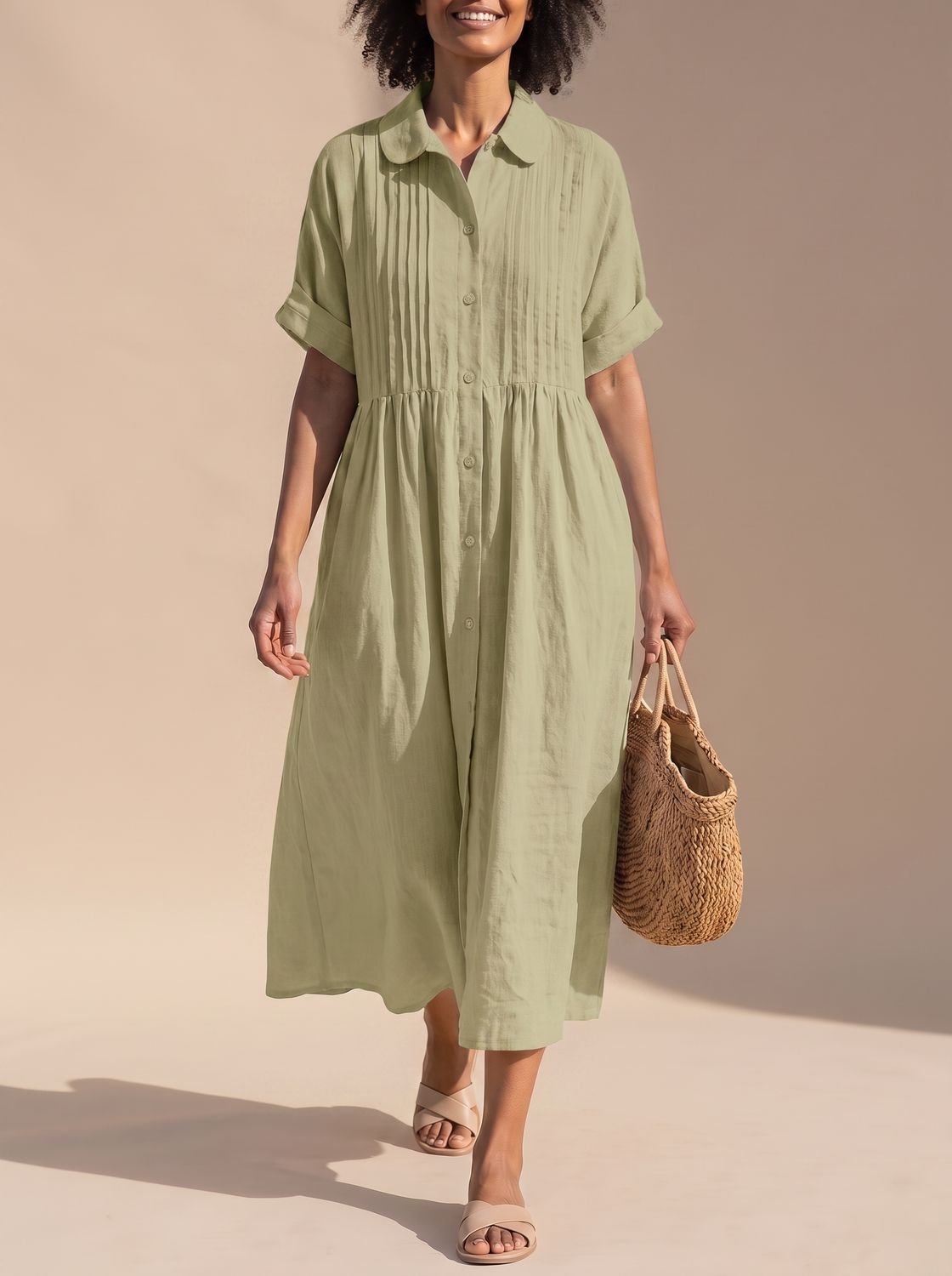 Women's Cotton Button-Front Collared Midi Shirt Dress