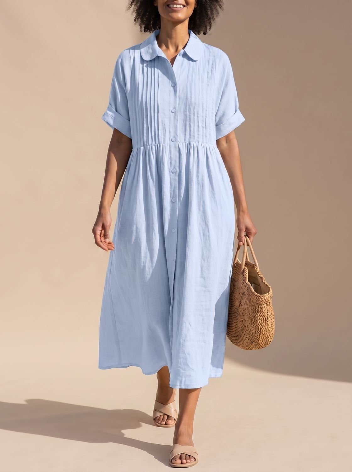 Women's Cotton Button-Front Collared Midi Shirt Dress