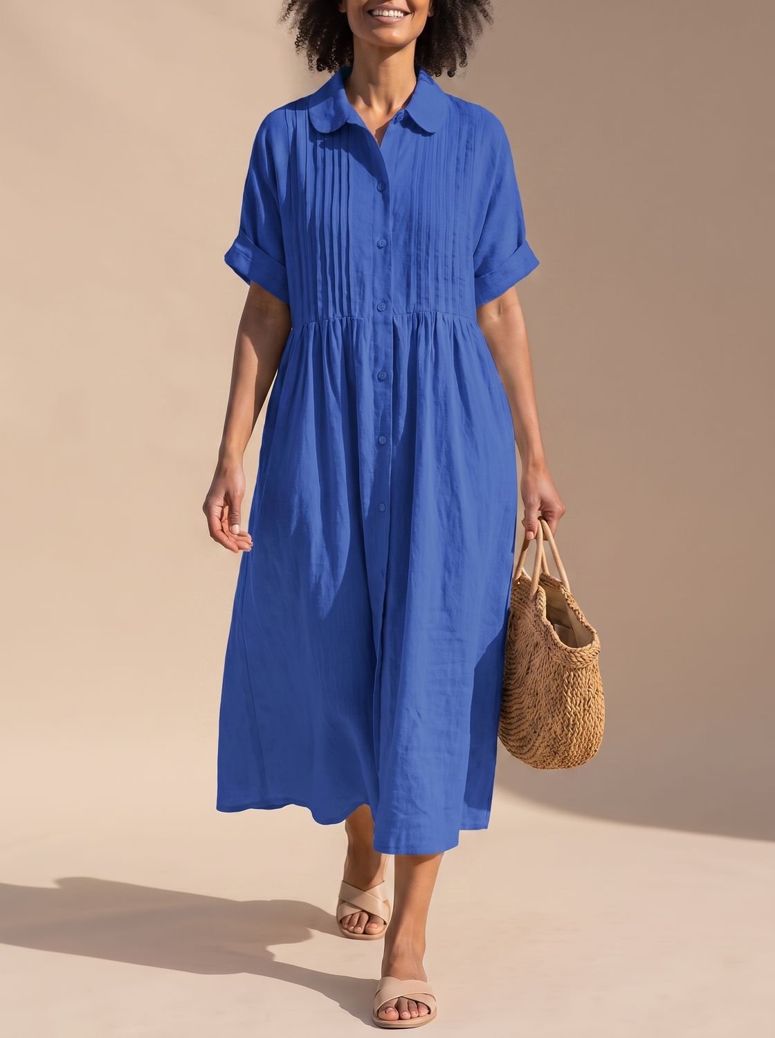 Women's Cotton Button-Front Collared Midi Shirt Dress