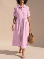 Women's Cotton Button-Front Collared Midi Shirt Dress