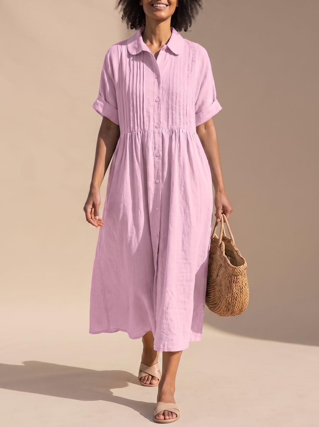 Women's Cotton Button-Front Collared Midi Shirt Dress