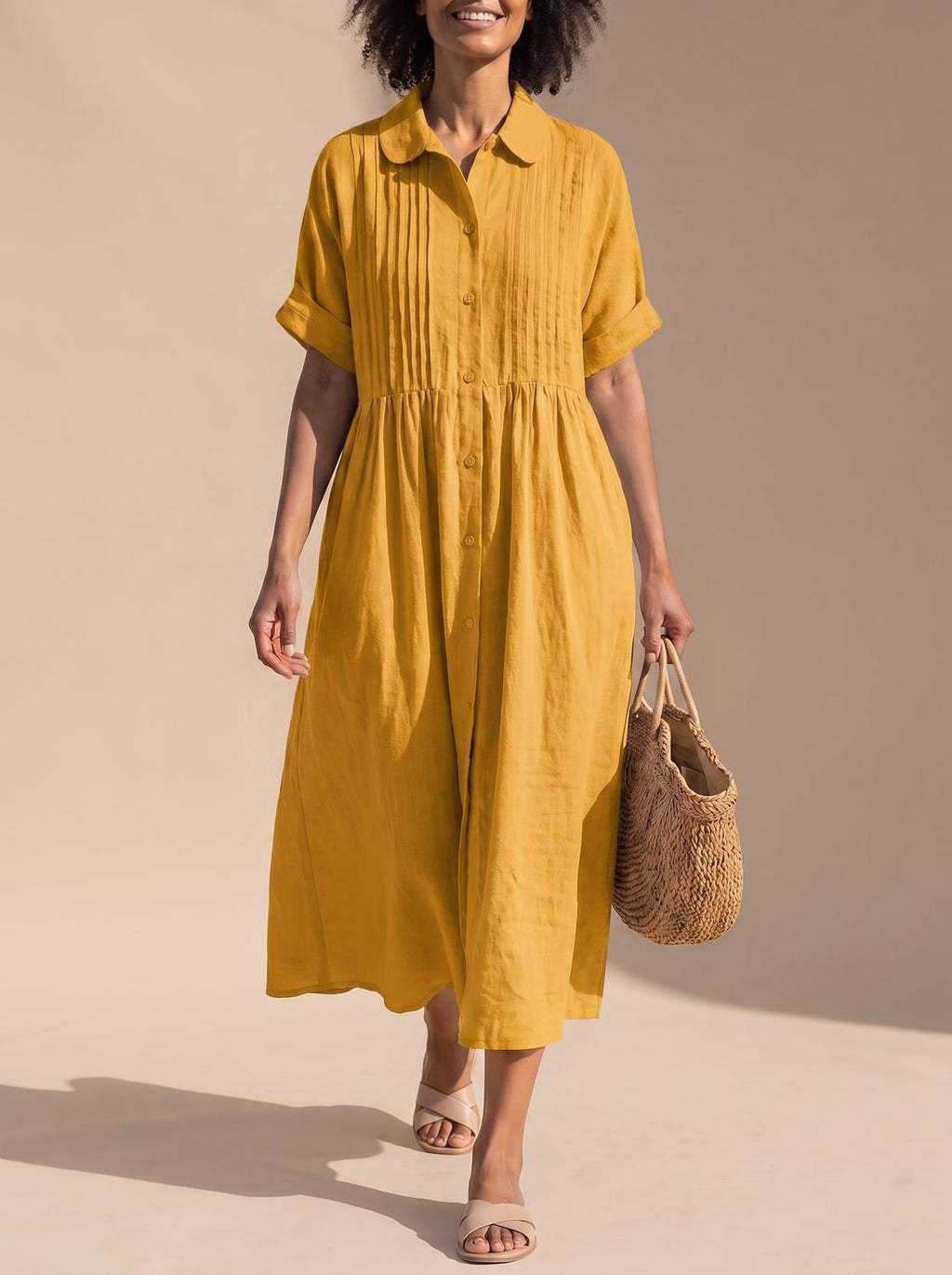 Women's Cotton Button-Front Collared Midi Shirt Dress