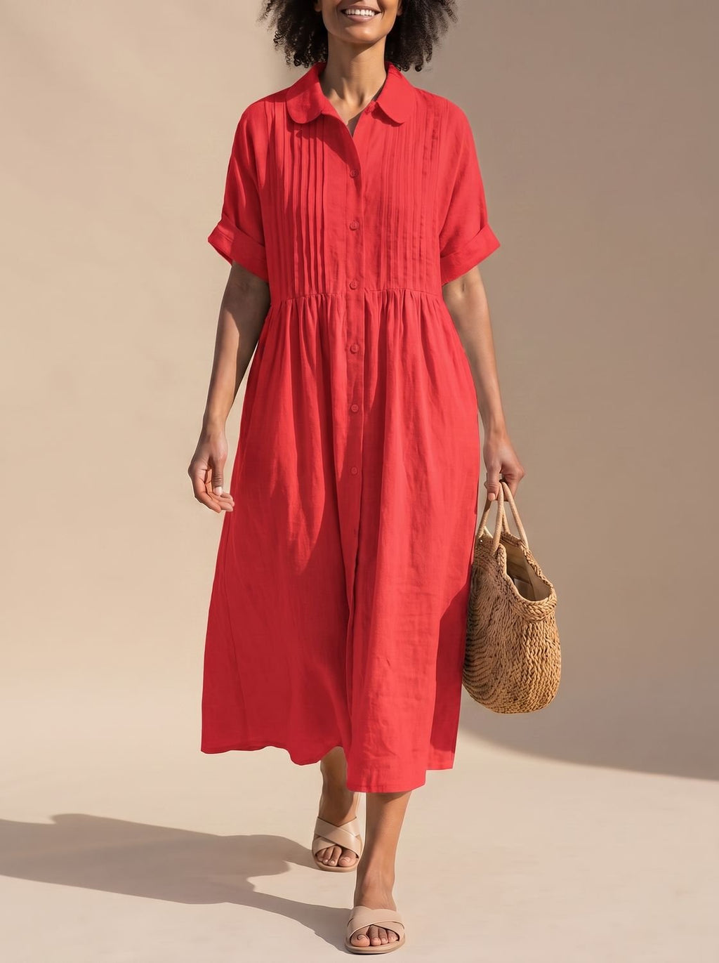 Women's Cotton Button-Front Collared Midi Shirt Dress