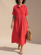 Women's Cotton Button-Front Collared Midi Shirt Dress