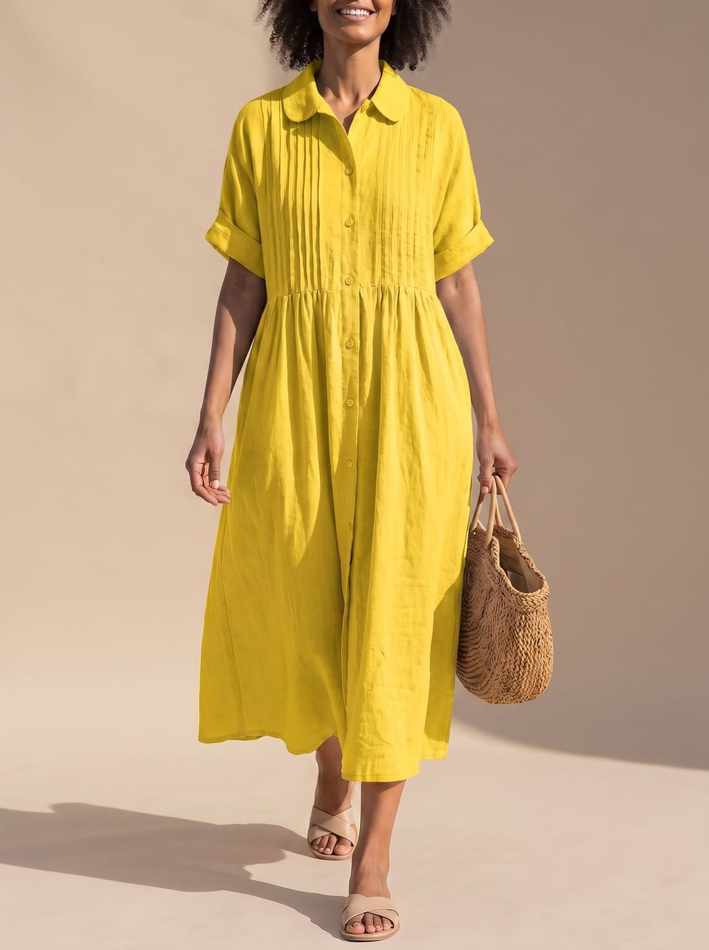 Women's Cotton Button-Front Collared Midi Shirt Dress