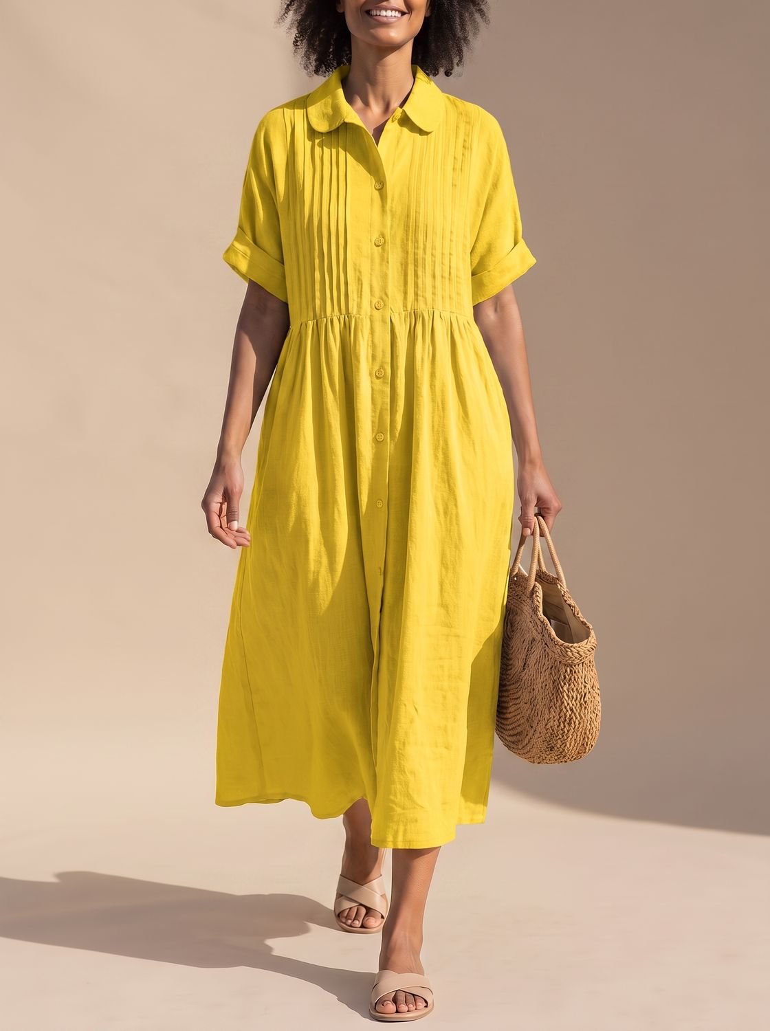 Women's Cotton Button-Front Collared Midi Shirt Dress