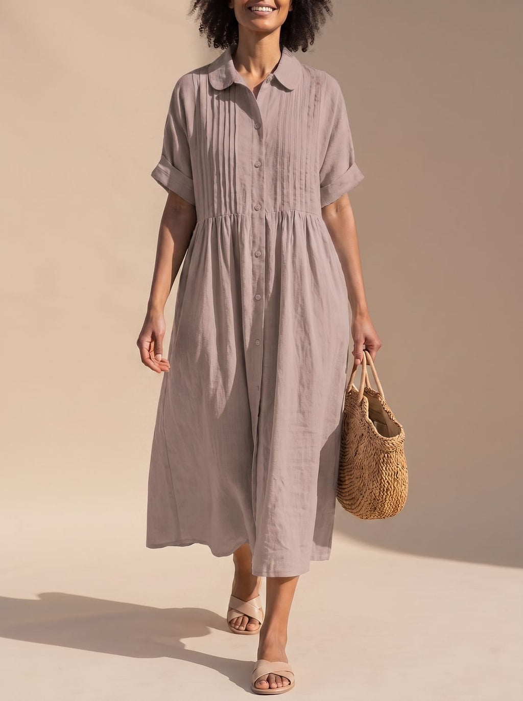 Women's Cotton Button-Front Collared Midi Shirt Dress
