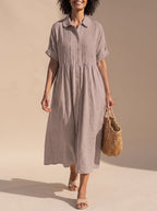 Women's Cotton Button-Front Collared Midi Shirt Dress