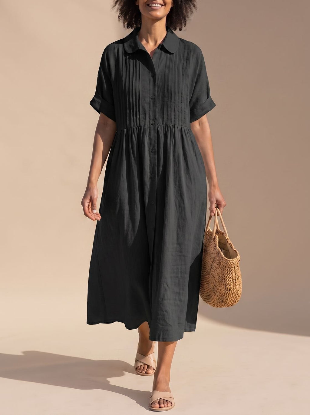 Women's Cotton Button-Front Collared Midi Shirt Dress