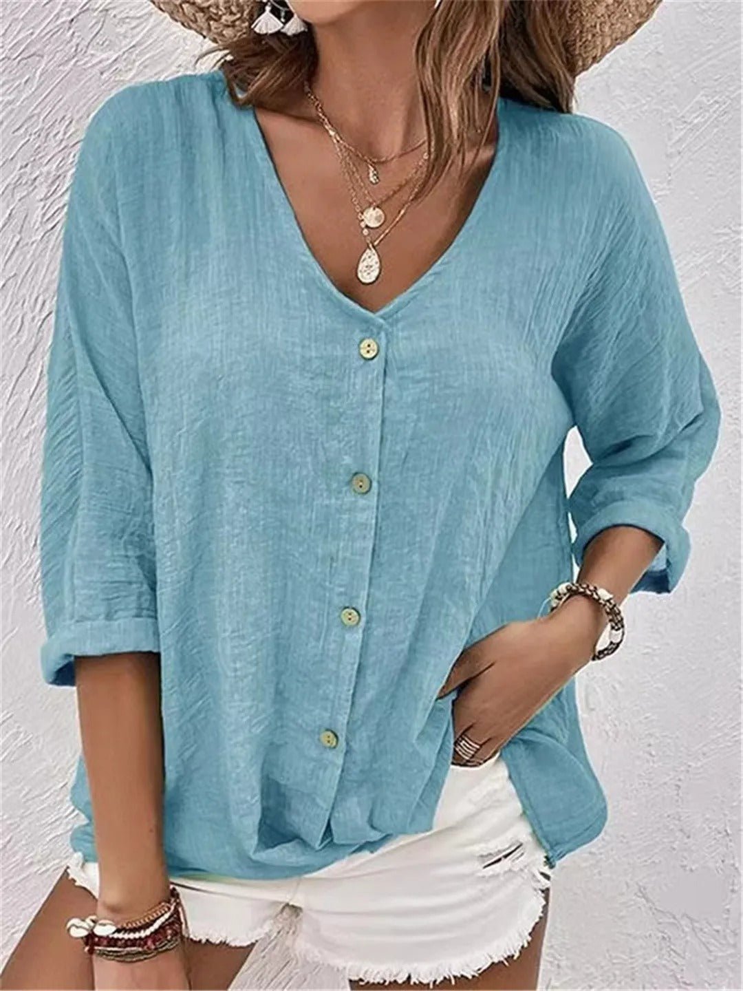 Women's Cotton V-Neck Button-Front Top Three-Quarter Sleeve