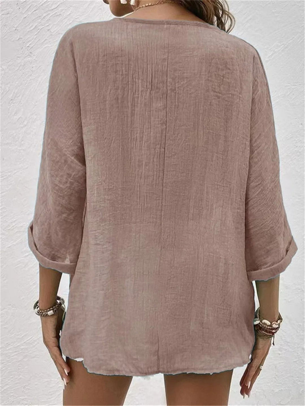 Women's Cotton V-Neck Button-Front Top Three-Quarter Sleeve