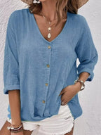 Women's Cotton V-Neck Button-Front Top Three-Quarter Sleeve