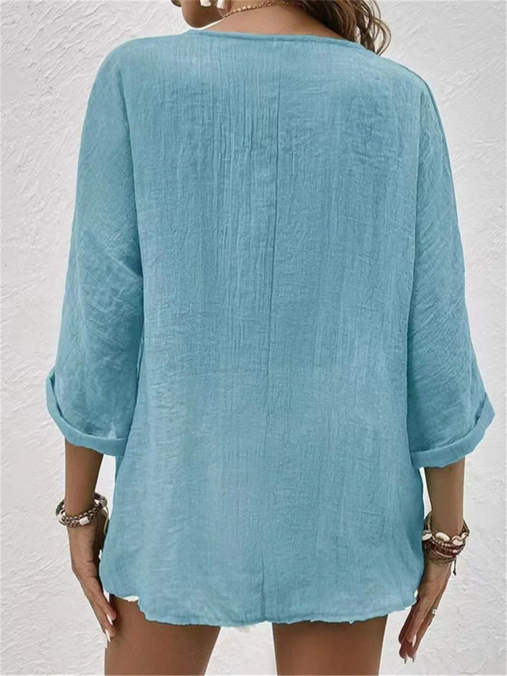 Women's Cotton V-Neck Button-Front Top Three-Quarter Sleeve