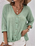 Women's Cotton V-Neck Button-Front Top Three-Quarter Sleeve