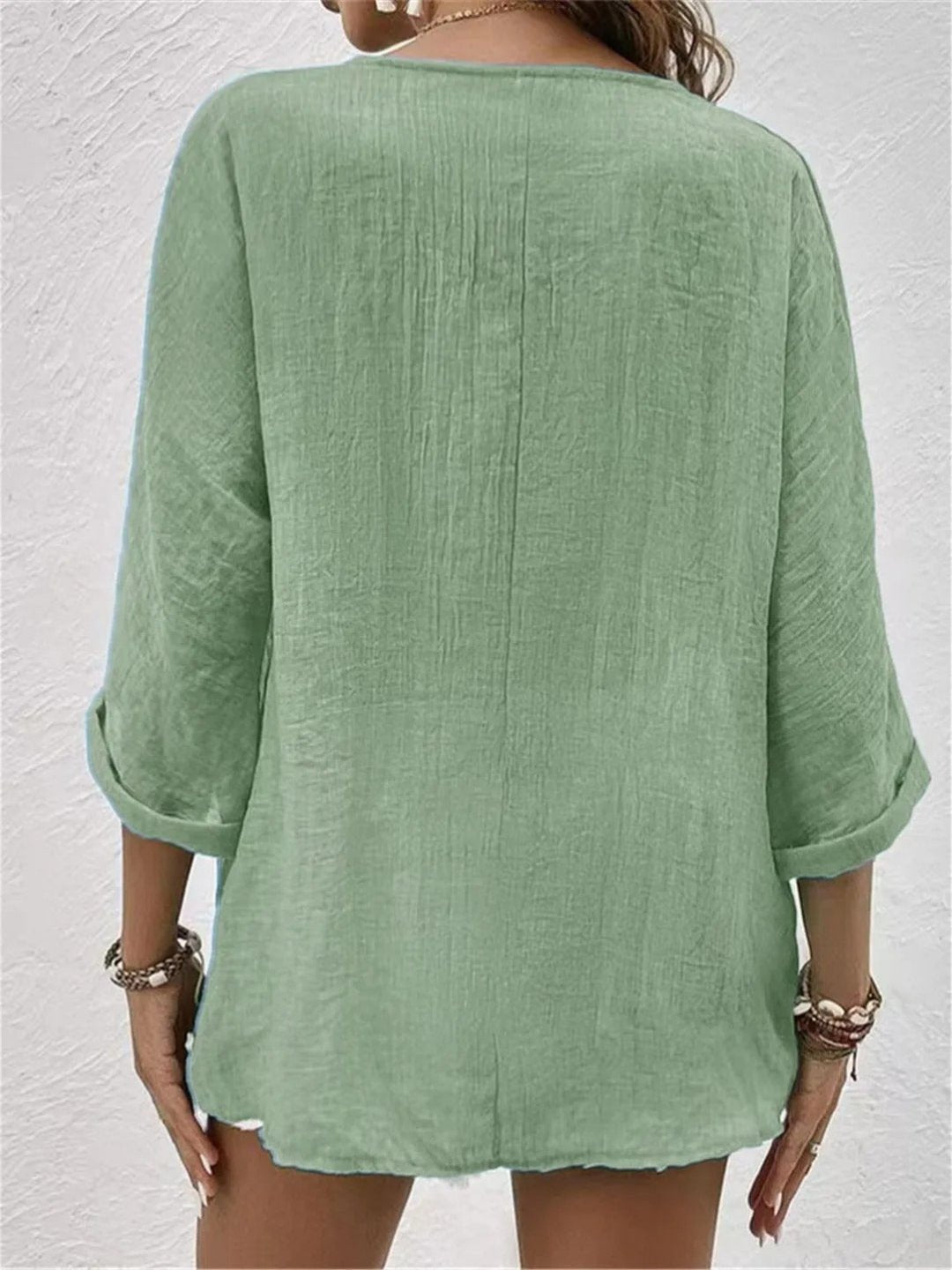 Women's Cotton V-Neck Button-Front Top Three-Quarter Sleeve