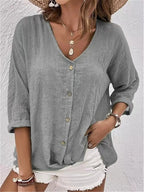 Women's Cotton V-Neck Button-Front Top Three-Quarter Sleeve
