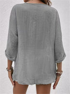 Women's Cotton V-Neck Button-Front Top Three-Quarter Sleeve