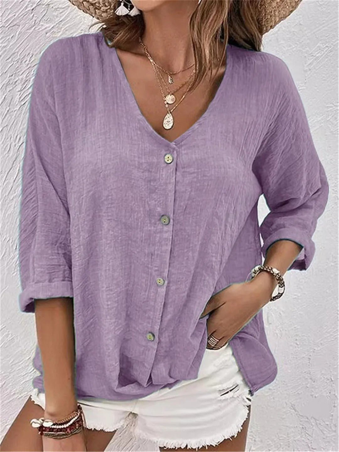 Women's Cotton V-Neck Button-Front Top Three-Quarter Sleeve