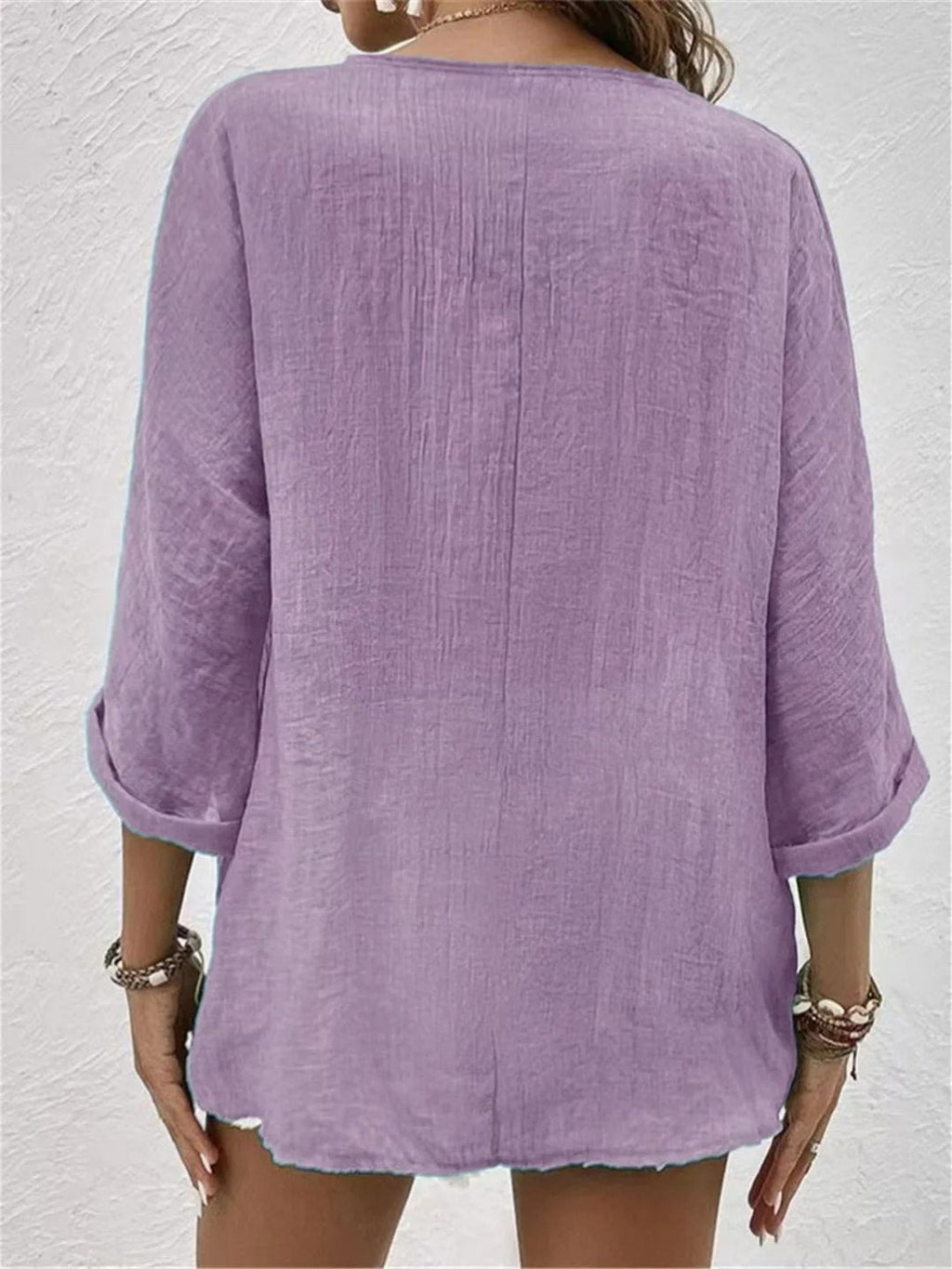 Women's Cotton V-Neck Button-Front Top Three-Quarter Sleeve
