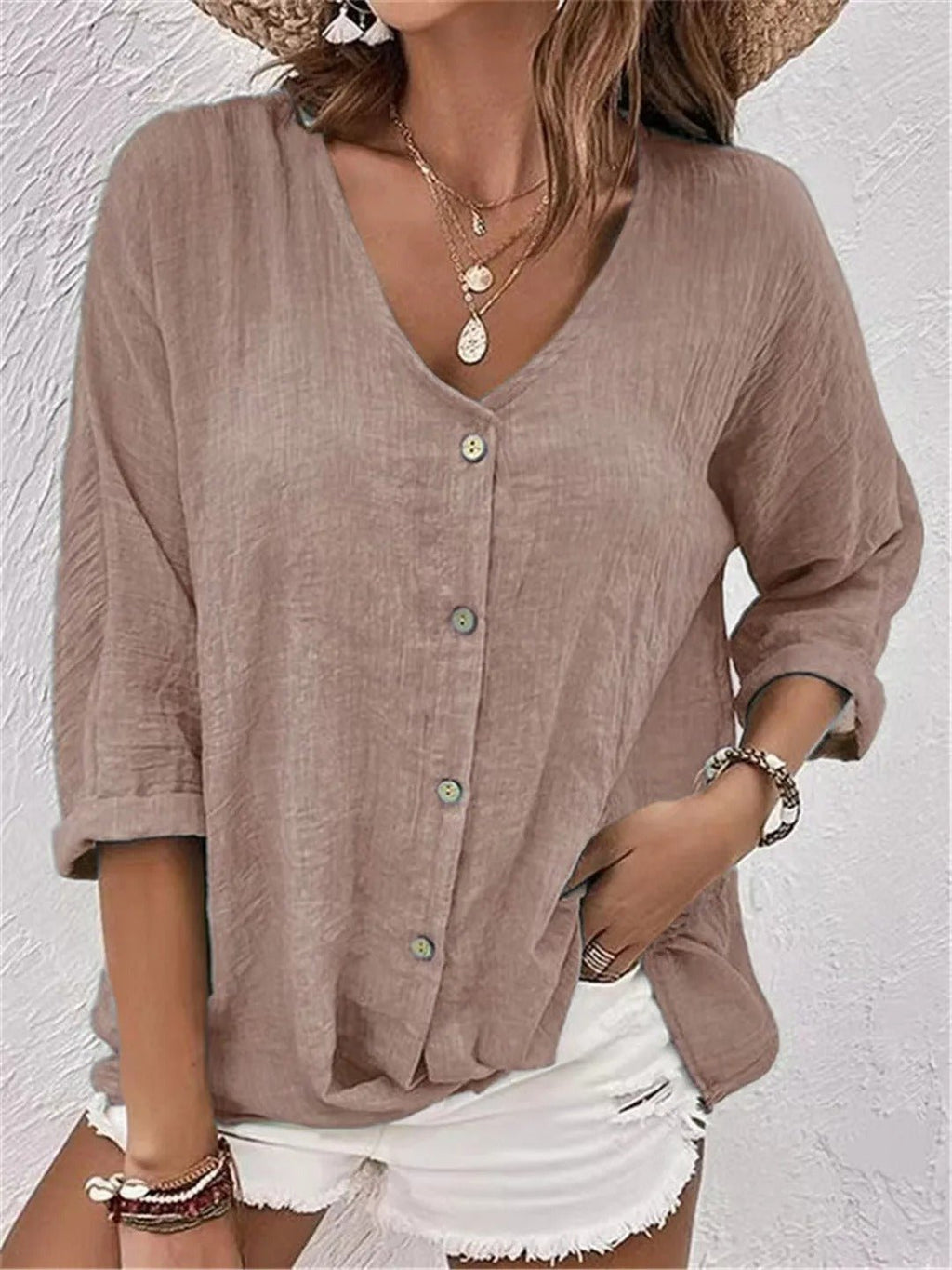 Women's Cotton V-Neck Button-Front Top Three-Quarter Sleeve