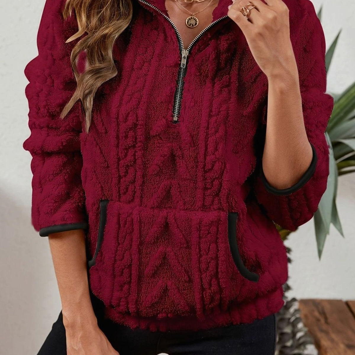 Women's Teddy-Texture Half-Zip Pullover with Pouch Pocket - Burgundy