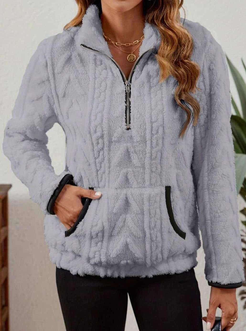 Women's Teddy-Texture Half-Zip Pullover with Pouch Pocket