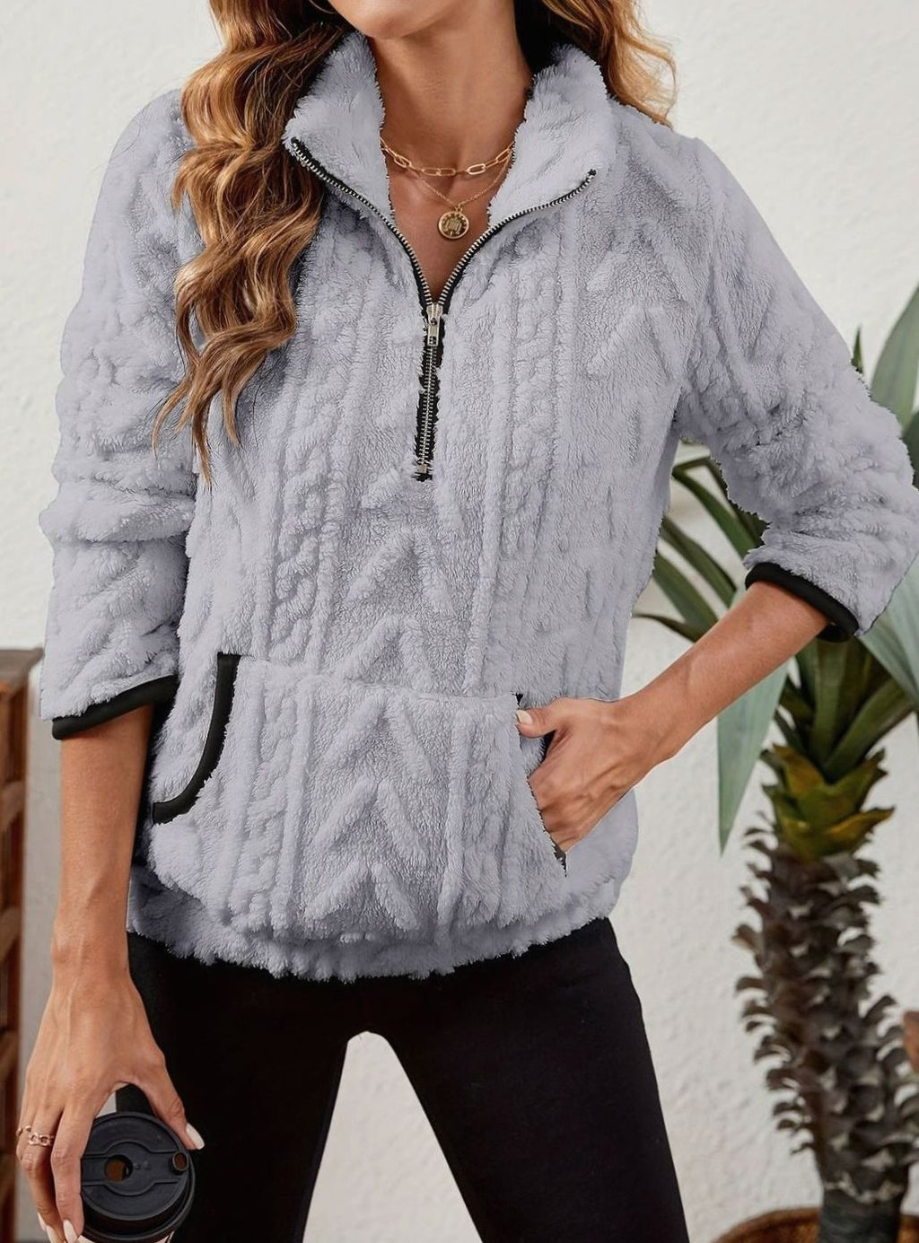 Women's Teddy-Texture Half-Zip Pullover with Pouch Pocket