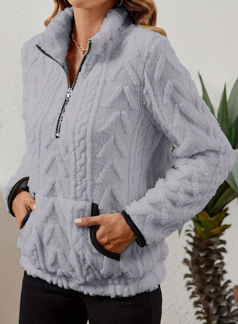 Women's Teddy-Texture Half-Zip Pullover with Pouch Pocket