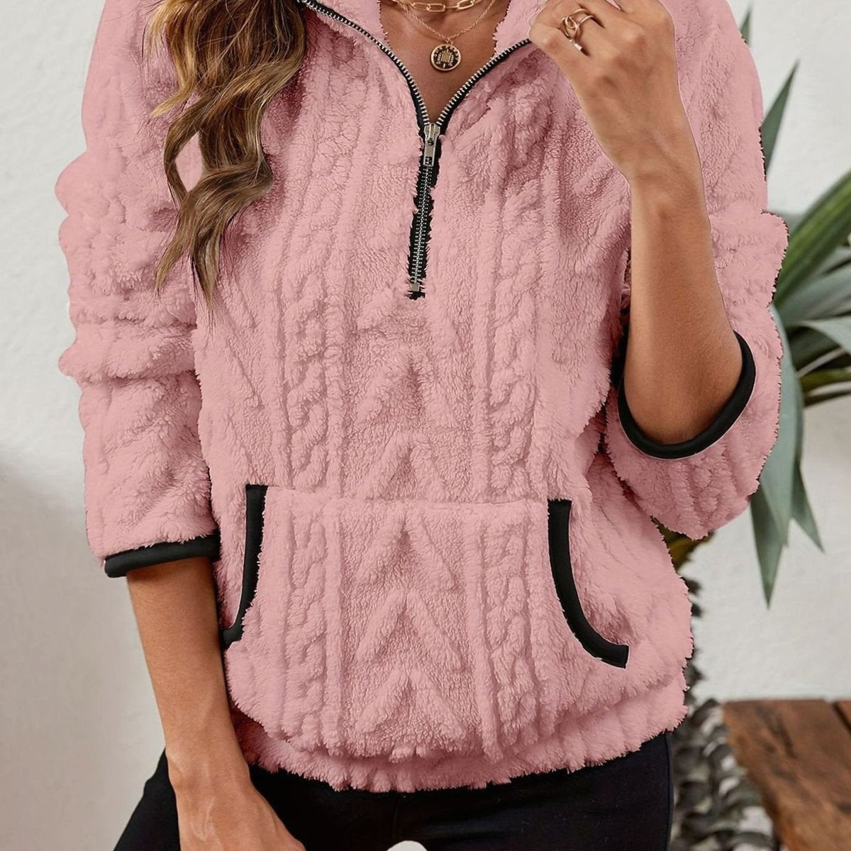 Women's Teddy-Texture Half-Zip Pullover with Pouch Pocket - Pink