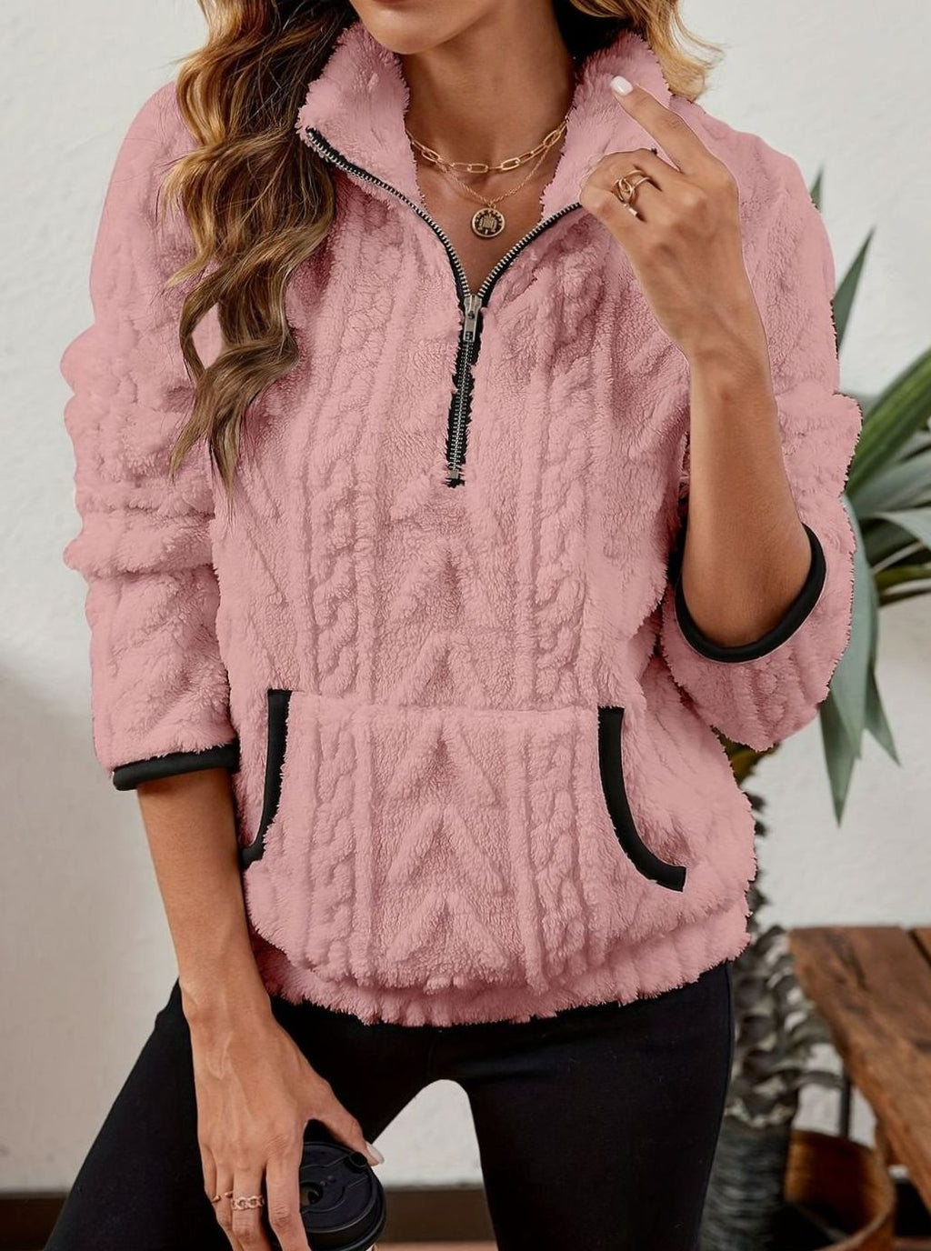 Women's Teddy-Texture Half-Zip Pullover with Pouch Pocket